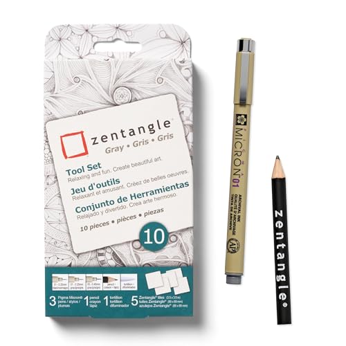 Sakura Zentangle Tool Set - 1 Black Pigma Micron Pens, 2 Gray Micron Pens, 1 Black Graphite Pencil, 1 Tortillion, 5 3.5" White Paper Tiles - White Zentangle Tiles - 10 Piece Set