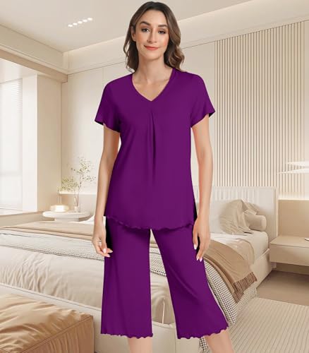 Image of NACHILA Women's Pajama Sets Cooling Bamboo Viscose V-Neck Top & Capri Pants | Lightweight, Breathable, Moisture-Wicking, Buttery Soft, Ideal for Hot Sleepers, Night Sweats and Hot Flashes, Sleep & Lounge