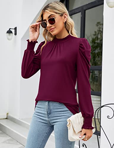 Image of LUYAA Puff Long Sleeve Shirts for Women Tops Dressy Casual Frill Mock Neck Smocked Cuffs Blouses