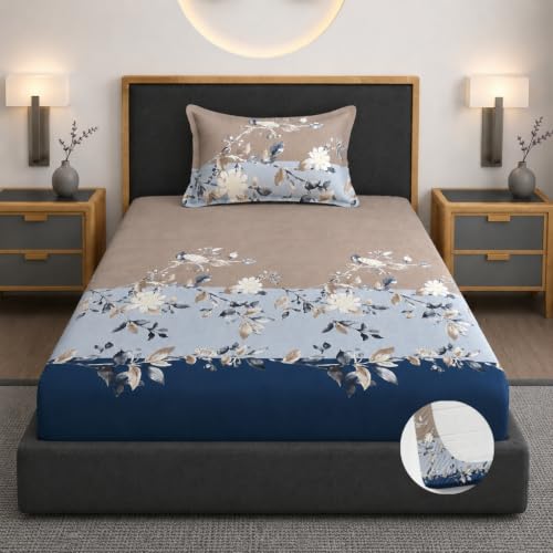 Image of Vaini Premium Heavy Cotton Elastic Fitted Bedsheets with 1 King Size Pillow Covers || Single Bed with All Around Elastic 350 TC || 36 x 78 x 6 Inch Single Size Fitted || :- Blue Tricolor