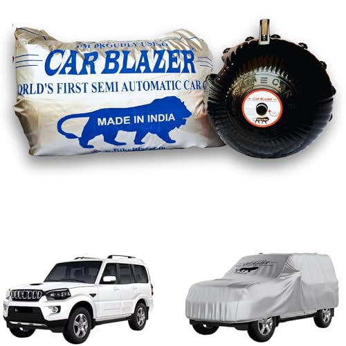 Image of CARBLAZER Portable & Semi-Automatic Full Body Car Covers: Heavy Duty Device| Anti-Theft| Dust & Scratch Proof | Water & Wind Resistant|Custom Fit| Dual-Side Cover, Compatible for Mahindra Scorpio