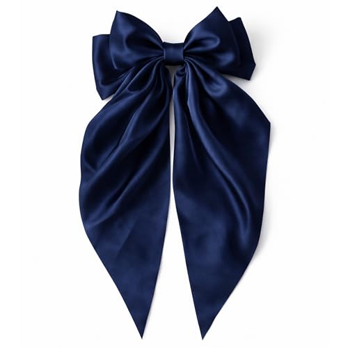Navy Blue Oversized Satin Hair Bow Clip with Long Tails for Women