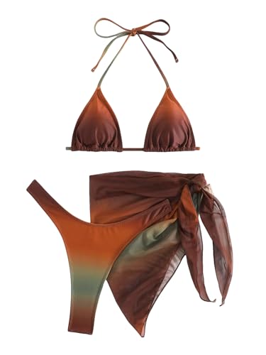 GORGLITTER Women's 3 Piece Swimsuits Triangle Bikini Set with Mesh Cover Up Beach Skirt