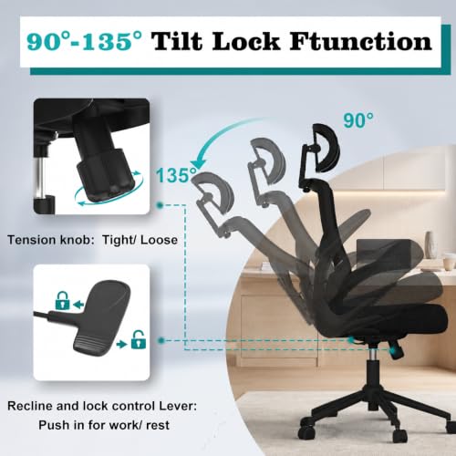 Image of Office Chair for Long Hours & Lower Back Pain Relief - 4 inch Thick Molded Foam Cushion, Padded Lumbar Support and Flip-up Armrests, Ideal for Office or Study (Modern, Black-HR)