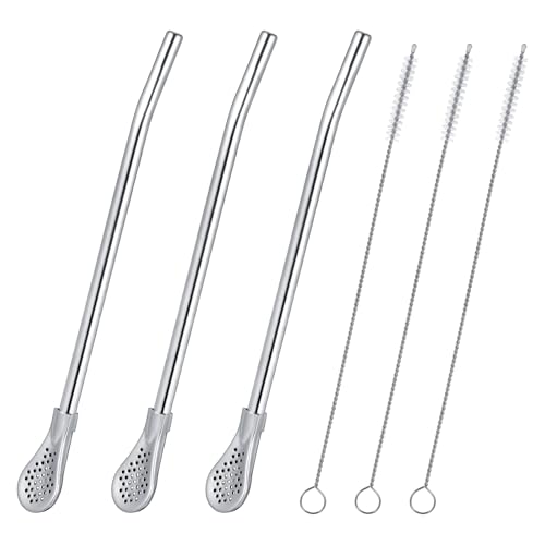 Sibba 6 PCS Yerba Mate Drinking Filter Spoon Straws & Cleaning Brushes Set 7\" Stainless Steel Removable Stirring Straws Metal Spoon Straw Stirrer for Loose Leaf Tea Coffee Milkshake Cocktails