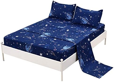 MAG Galaxy Theme Bed Sheet 4PC Navy Queen Size Out Space Bedding Sheet Set with 1 Flat & 1 Fitted Sheet with 2 Pillow Shams , 12” Deep