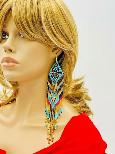 Handmade Southwestern Geometric Pattern Glass Seed Beaded Big Earrings2