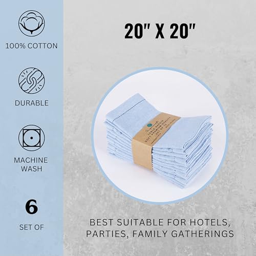 Image of FINGERCRAFT Hemstitched Cotton Table Napkins - Set of 6, 20x20 Inch, 100% Cotton Cloth Napkins with Faggoting Stitching - Durable & Elegant for Parties, Everyday Use (Sky Blue Twill)
