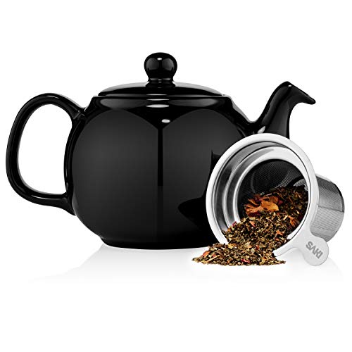 Image of SAKI Large Porcelain Teapot, 48 Ounce Tea Pot with Infuser, Loose Leaf and Blooming Tea Pot - Black