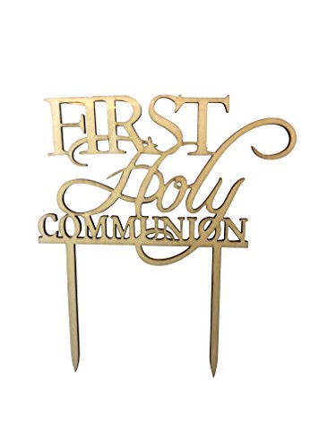 First Holy Communion Cake Topper - Church Celebration Cake Pick Supplies - Wooden Religious Party Cake Toppers - Brown Wood Unisex Boy Girl By Jolly Jon #TOP1