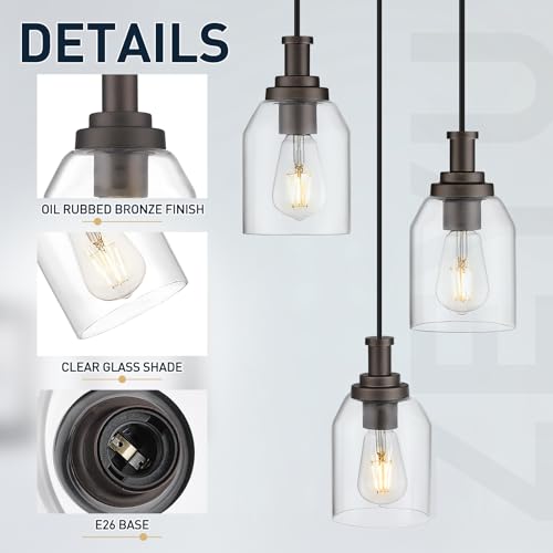 Image of zeyu 3-Light Pendant Lighting, Adjustable Farmhouse Cluster Pendant Light for Kitchen Dining Room, Oil Rubbed Bronze Finish with Clear Glass Shade, ZG33-3 ORB
