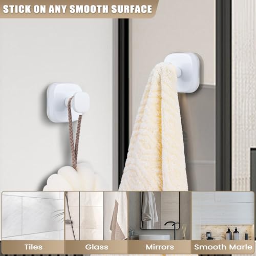 Image of No-Drill Reusable Suction Cup Hooks, Towel, Robe, Loofah, Coat Hook for Glass, Mirror, Tile, Shower, Bathroom, Kitchen & Metal (Smooth, Non-Porous Surfaces) (4, White)