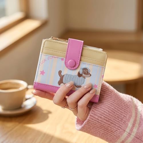 Image of PALAY Kawaii Girls Card Holder Wallet Card Bag Cash Coin Purse Multi Layer Zipper Wallet Purse Embroidered Cartoon Dachshund PU Coin Purse Gift for Girls, 10.5x8.5x2cm