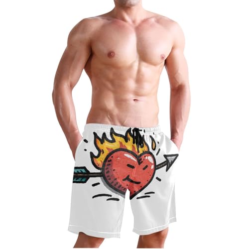 Men's Swim Trunks Heart with Arrow Print, Quick Dry Beach Board Shorts with Lining-S3
