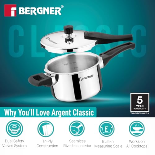 Image of Bergner Argent Classic Triply Stainless Steel 1.5 Liters Outer Lid Pressure Cooker, Mini Baby Cooker with Resettable Safety Valve, Sturdy Handle, Easy to Use and Clean - Induction and Gas Stove Ready