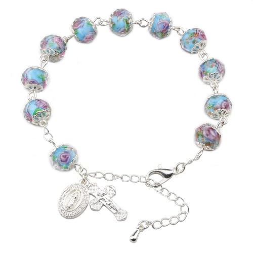 HELLOWIN Lake Blue Murano Rose Beads Catholic Guadalupe Rosary Bracelet