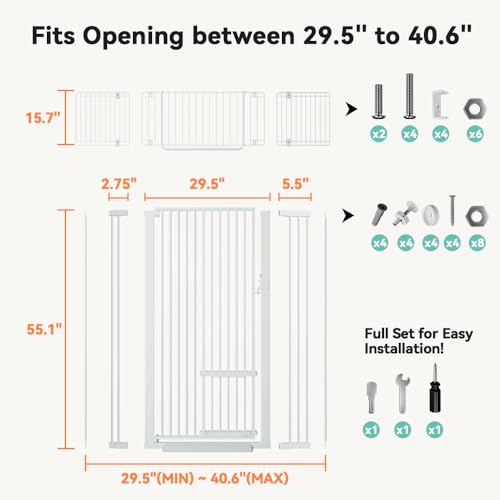 COMOMY 71" Extra Tall Pet Gate for Cats, 29.5-40.6" Extra Wide with Adjustable Cat Door, Pressure Mounted Easy Walk Through Gate with Door for Stairs, Doorways, Kitchen (White)