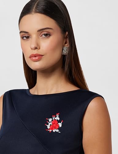Image of Zima Leto Women's Navy Cotton Blend Knitted Bodycon Dress | Sleeveless Boat Neck Slim Fit Calf Length Style with Embroidered Patch | Stylish Winter Casual Dress for Women Ideal for Anniversary