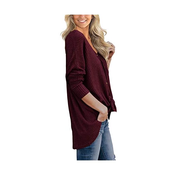 IWOLLENCE-Womens-Waffle-Knit-Tunic-Blouse-Tie-Knot-Henley-Tops-Loose-Fitting-Bat-Wing-Plain-Shirts IWOLLENCE Womens Loose Henley Blouse Bat Wing Long Sleeve Button Down T Shirts Tie Front Knot Tops Wine Red Large