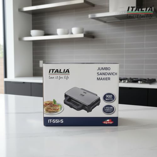 Image of ITALIA Premium Jumbo Sandwich Maker 900W | Non-Stick 2-Slice Triangle Toaster | Electric Panini Press with Cool Touch Handle & Oil-Free Cooking | 1-Year Warranty | Stainless Steel & Black