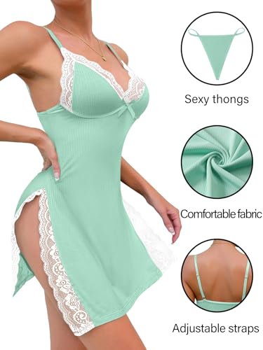 Image of Foxiny Sexy Split Side Floral Lace Trim Full Slip Night Gown Babydoll Lingerie Dress with Thong 2 piece