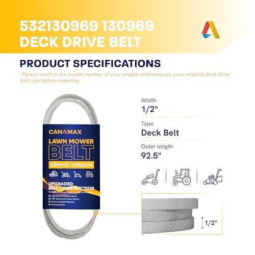 Image of Canamax 532130969 130969 Drive Belt - Aramid Cord 1 /2 inch x 92.5 inch - for 42'' Deck Craftsman Husqvarna YTH22V46 YTH24K48 YTH2348 Poulan AYP Ariens John Deere LA135 - Replaces 592855201 584444701 21546080