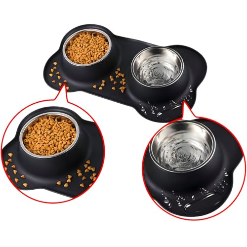 Retoo Doppel Futternapf mit Napfunterlage aus Silikon, Hundenapf Edelstahl 400ml, Rutschfesten Silikon Tablett Matte, Katzennapf, Schüssel Lebensmittel Wassernapf Schwarz