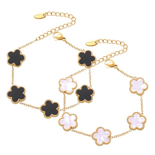 EIHI 2PCS Pulsera trebol 4 hojas blanco y negro de oro de 18 quilates para...