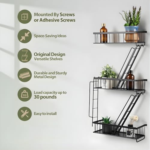 Image of Vintageware 3-Tier Iron Wall Shelf Fire Escape Ladder Design | Decorative Wall Shelves for Living Room, Bedroom & Home Decor (Black)