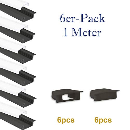 LED-Gigant PL8 Subra Lot de 6 profilés en aluminium avec embouts et cache opale pour bandes LED et bandes LED Noir 1 m