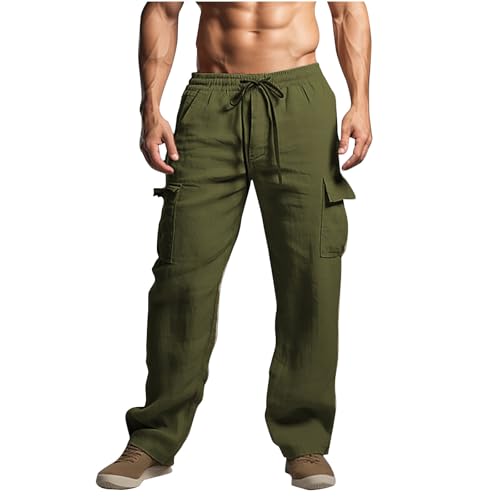 Men's Cotton Linen Pants Drawstring Elastic Waist Multi-Pockets Cargo Trouser Loose Comfy Wide Leg Sweatpant