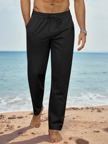 Runcati Mens Cotton Pants Elastic Waist Drawstring Casual Beach Linen Pants Lightweight Loose Fit Yoga Trousers Black2