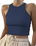 Artfish Women Casual Basic Sleeveless High Neck Rib-Knit Front Racerback Crop Tank Top (Navy Blue, M)