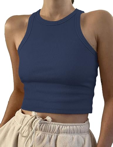 Image of Artfish Women Casual Basic Sleeveless High Neck Rib-Knit Y2k Crop Tank Top