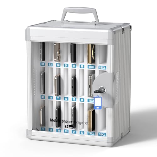 Glosen 24 Slots Cell Phone Storage Locker for Classroom, Portable Phone Locker with Universal Key Lock & Handle, Wall Mounted Phone Lock Box for Office & School, Fits Most Smartphones