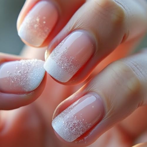 24 Stück French Rosa Glitter Falsche Nägel Zum Aufkleben - Kurz Quadratische Künstliche Nägel - Glitzer French Fake Nails Vollflächige für Frauen Maniküre DIY