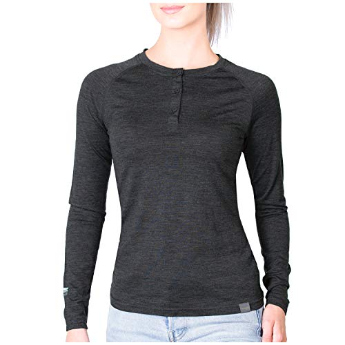 MERIWOOL Women's Base Layer Long Sleeve Henley - Lightweight Merino Wool Thermal Charcoal Gray