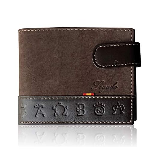 Cartera LEGADO Serraje de Ubrique hecha en piel de toro Billetera Tarjetero y Monedero para Hombre de Cuero Regalo Pulsera bandera de España y tarjeta de proteccion RFID (Marrón Horizontal con Broche)