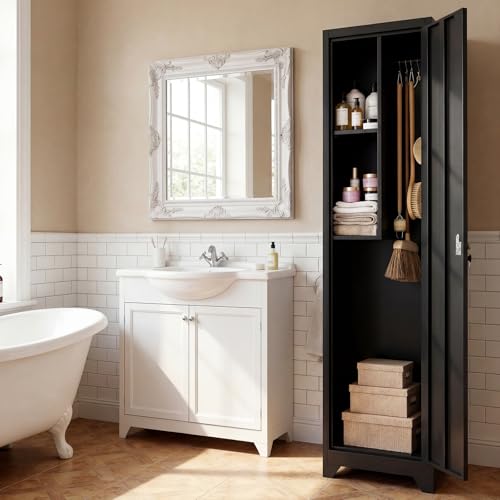 Image of Slim Cabinet for Small Spaces, Metal Bathroom Storage Cabinet with Shelves, Hooks, Narrow Locking Cabinets with 2 Keys, 65 inch H Tall Storage for Home Office, Living Room, Dining Room, Black