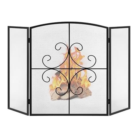 Gtongoko 3 Panel Fireplace Screen 48" W x 29" H Wrought Iron Decorative Fire Spark Guard Grate for Living Room Home Decor - Black Cover