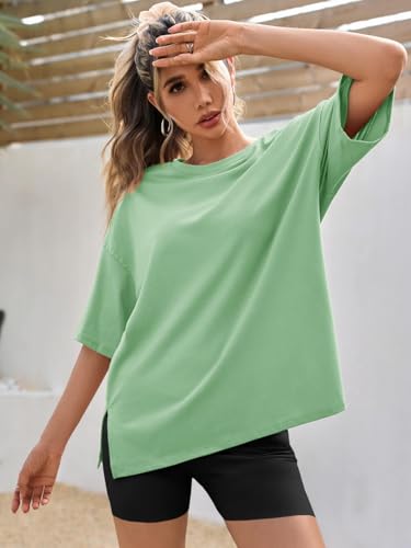 Image of Tankaneo Womens Oversized Tshirts Summer Casual Short Sleeve Crew Neck T Shirt Loose Fit Side Slit Tee Tops