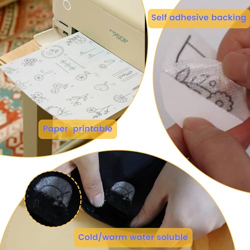 New brothread 12PCS A4 (29.7x21cm) Selbstklebende Wasserlösliche Stickvlies Bedruckbare Stickereipapier -Mittleres Gewich- zum Drucken oder Zeichnen von Mustern geeignet, Hand- und Maschinenstickerei