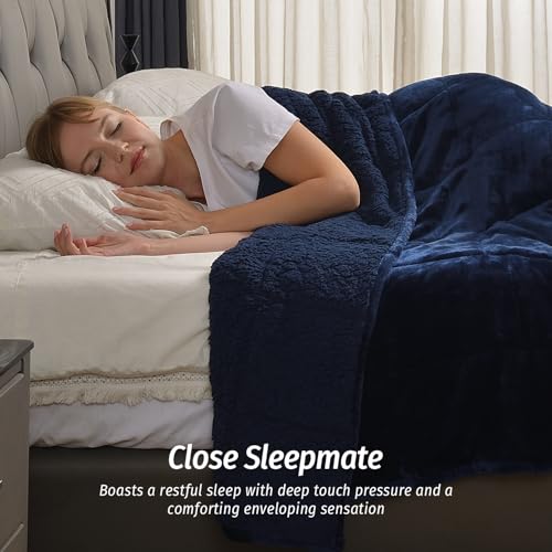 Wemore Sherpa Fleece Weighted Blanket for Adult, 15 lbs Dual Sided Cozy Fluffy Heavy Blanket, Ultra Fuzzy Throw Blanket with Soft Plush Flannel Top, 80 x 87 inches, Navy Blue on Both Sides