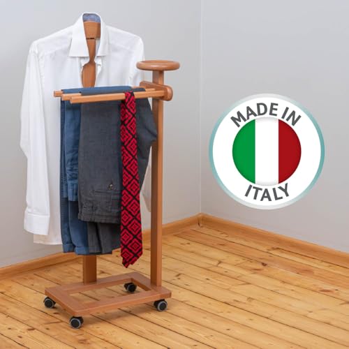 Tatkraft Lord - Herrendiener Modern, auf Rollen, Made in Italy, Stummer Diener Holz, aus Buche, Herrendiener Schlafzimmer, Hosenbügel, Schmuckablage