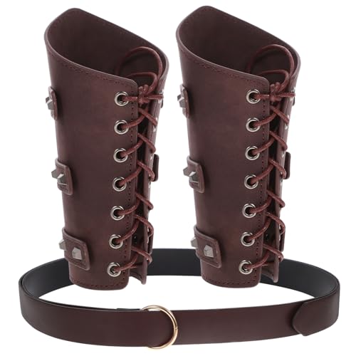 Hemoton 1set Leather Viking Wristbands Set Men Medieval Renaissance Costume Waist Belt Arm Guards Brown