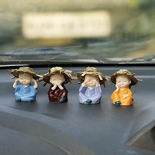 Image of AUGEN Polyresin Set of 4 Buddha Monks Statues Figurines Showpiece for Wall Shelf Table Desktop Living Room Car Dashboard Decoration Home Office Decor (Multicolour)(7698F)