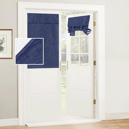 RYB Home 100% Blackout Door Curtains for Classroom, Linen Textured Privacy Easy Blinds Shades for Nana Entrance Way Glass/French Door, W 26 x L 40 inches, Textured Navy, 1 Panel