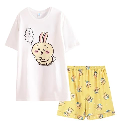 Satdflie Cartoon Printed Pajamas for Women Girls 2 Piece Lounge Sets Cotton Sleepwear Short Sleeve T Shirt and Shorts Pjs Set, Yellow/2, 3XL