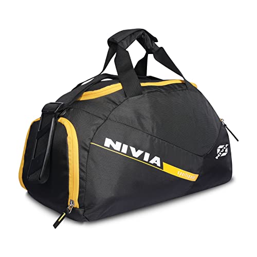 Image of Nivia Sports Space Polyester Gym Bag with Shoes Compartment,Adjustable Shoulder Bag for Men, Duffle Gym Bags for Men,Duffle Bags Travel (Black, Yellow),Capacity-18 litres