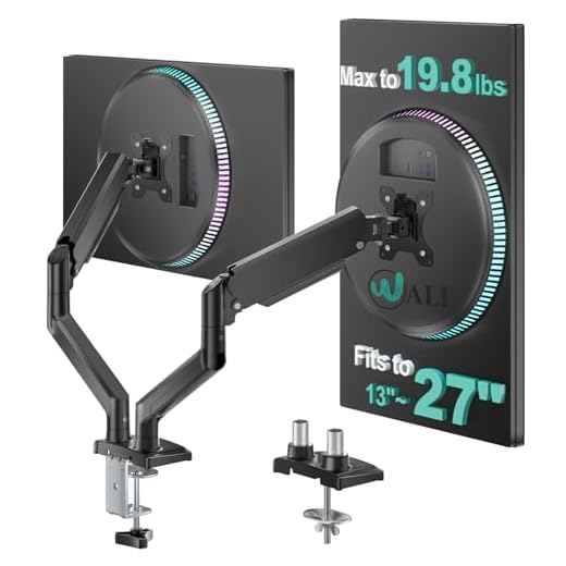 WALI Dual Monitor Stand Arms Mounts, for 2 Monitors, Fully Adjustable Gas Spring Desk Mount Swivel Mounting Holes Bracket with C Clamp, Grommet Base for Display Up to 32 Inch,19.8lbs. (GSMP002), Black